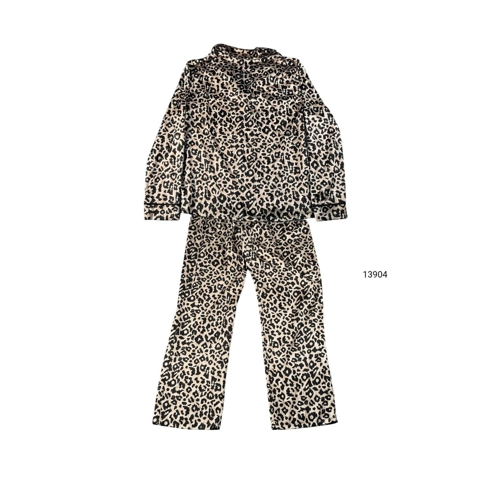 Como Sleep Pajama Set Womens Large Beige Black Animal Print Notch Collar Lounge